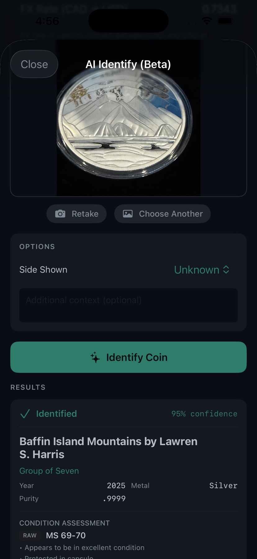 AI Coin Identification Demo - Baffin Island Mountains coin identified with 95% confidence