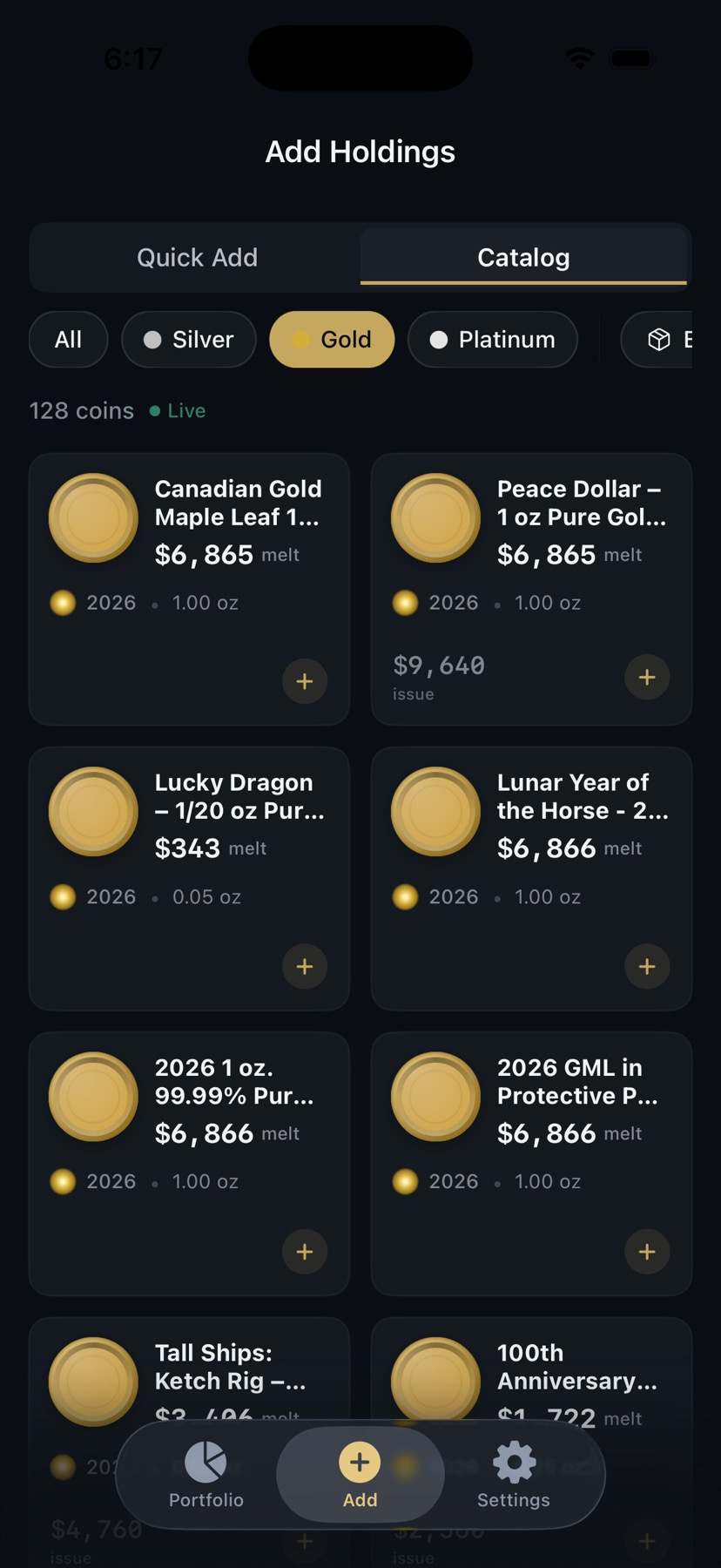 Gold Coin Catalog View